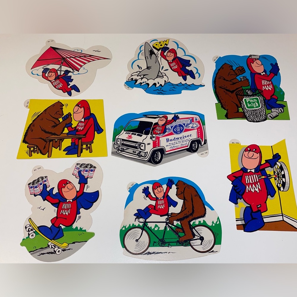NEW OLD STOCK VINTAGE 1970's
BUDWEISER BUD MAN BEER DECAL
STICKERS LOT OF 8